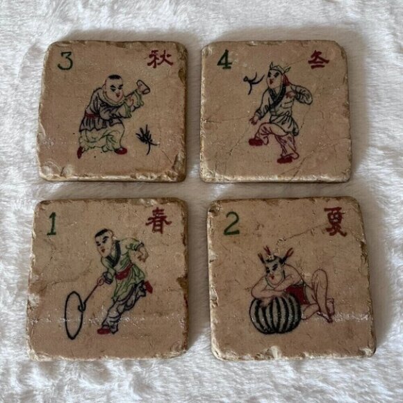 Tumbled Travertine Mahjong Tile Coaster Set - Picture 1 of 9